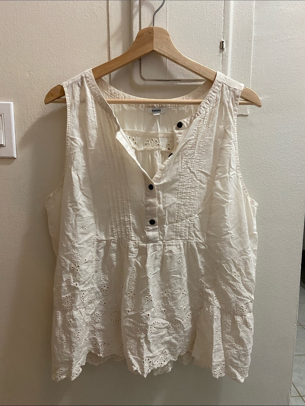 Sonoma Cream Eyelet Pintuck Camisole with Button Placket
